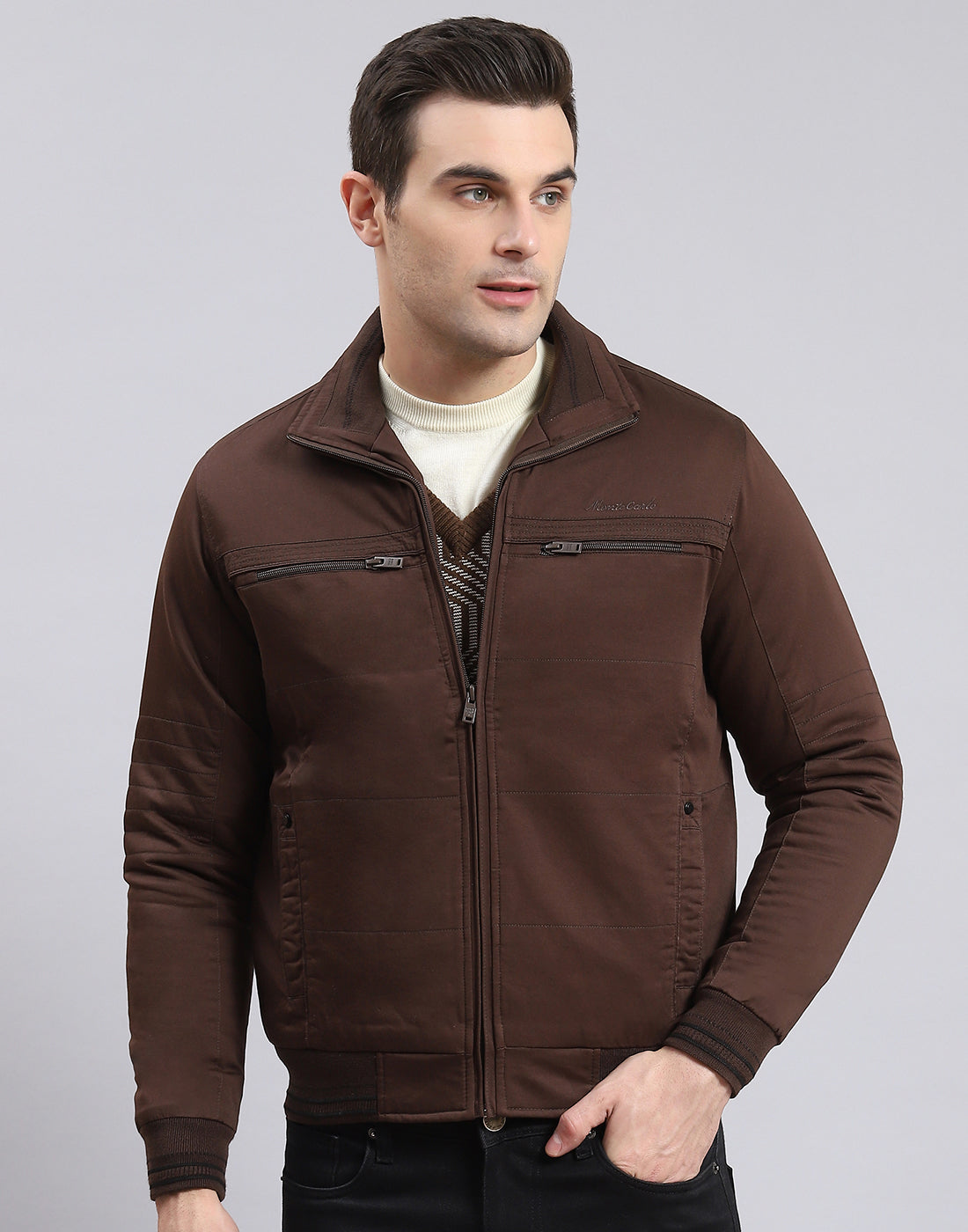 Men Brown Solid Collar Full Sleeve Jacket