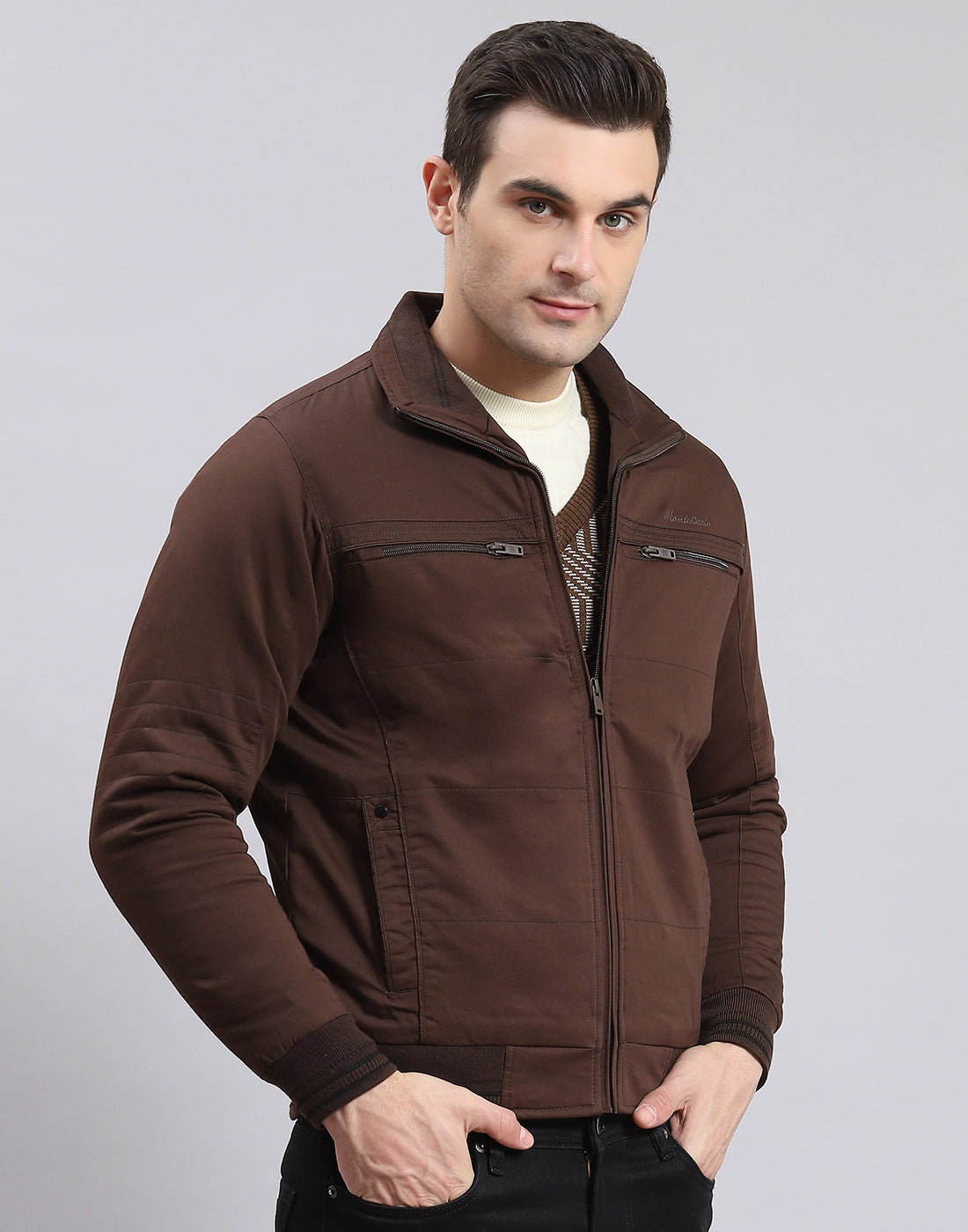 Men Brown Solid Collar Full Sleeve Jacket