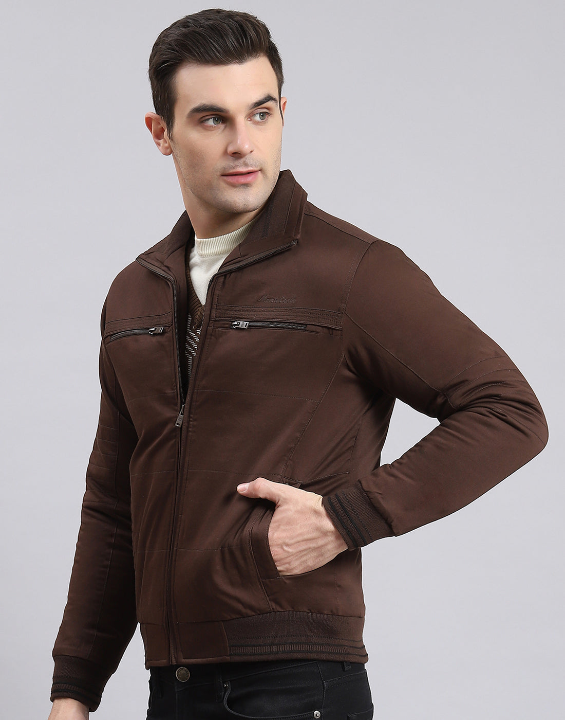 Men Brown Solid Collar Full Sleeve Jacket