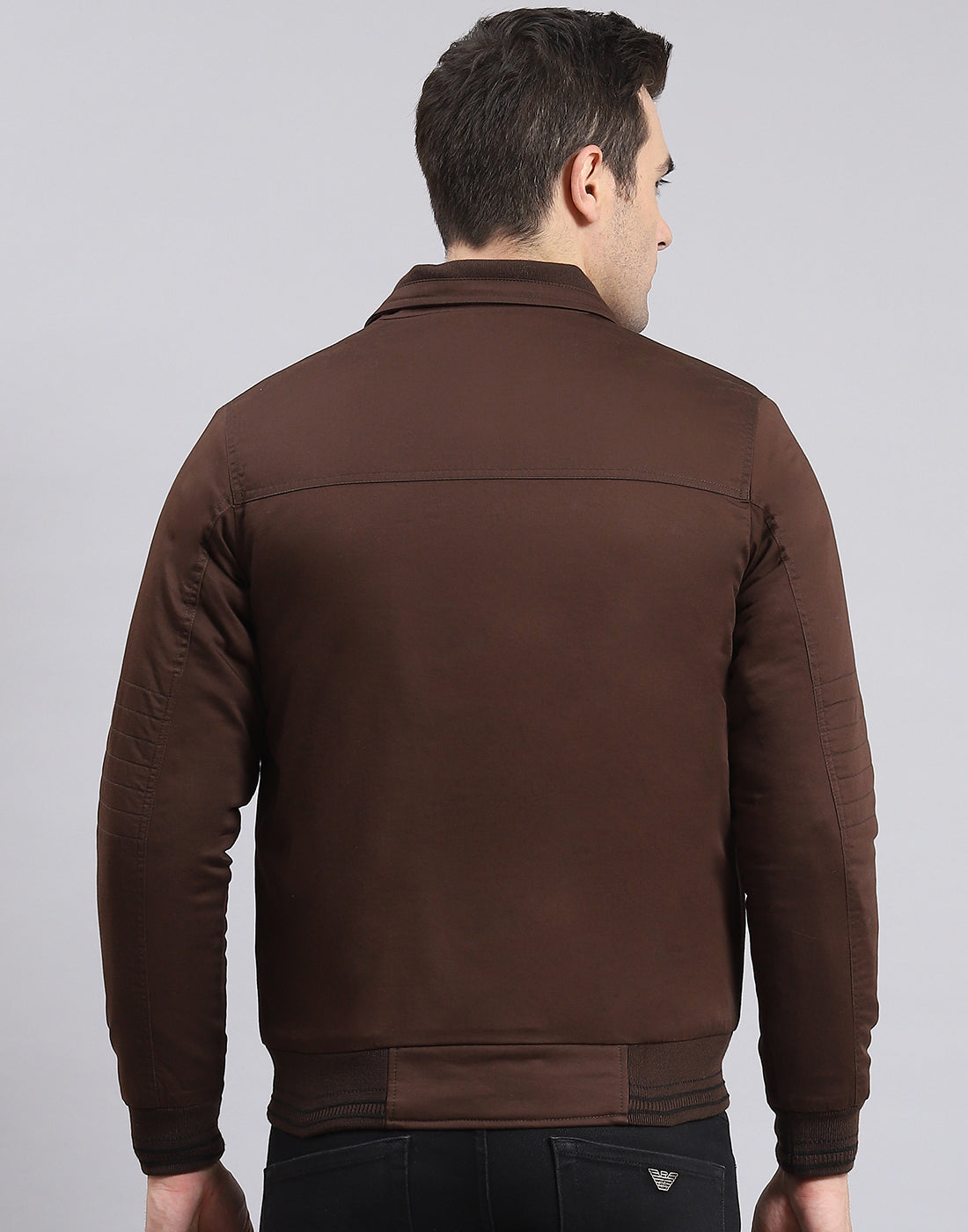 Men Brown Solid Collar Full Sleeve Jacket