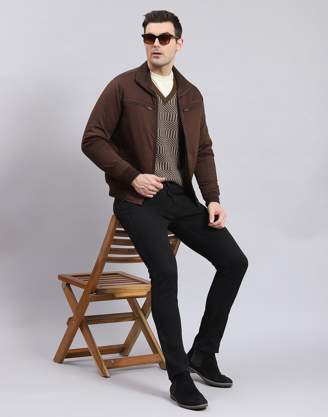 Men Brown Solid Collar Full Sleeve Jacket