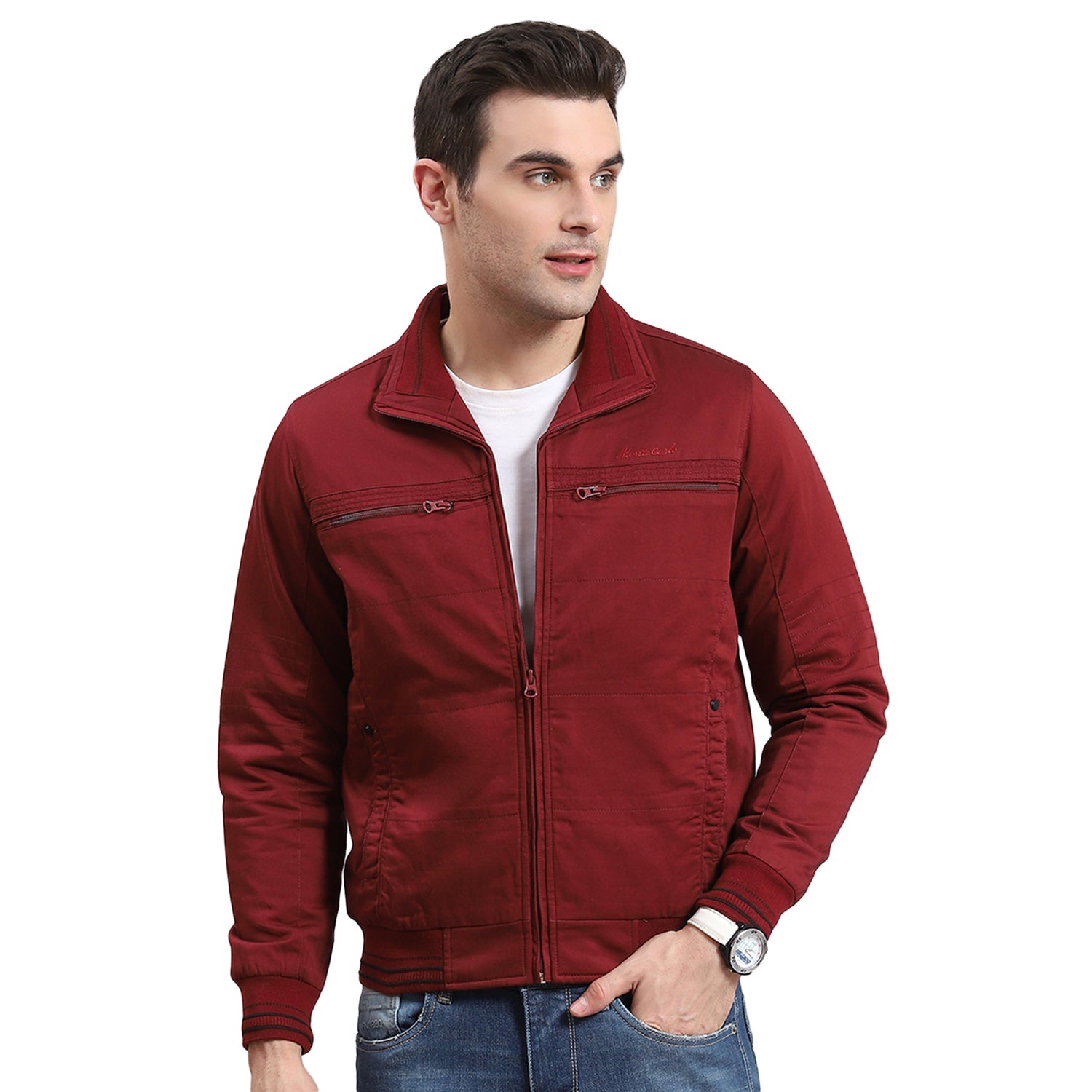 Men Red Solid Collar Full Sleeve Jacket