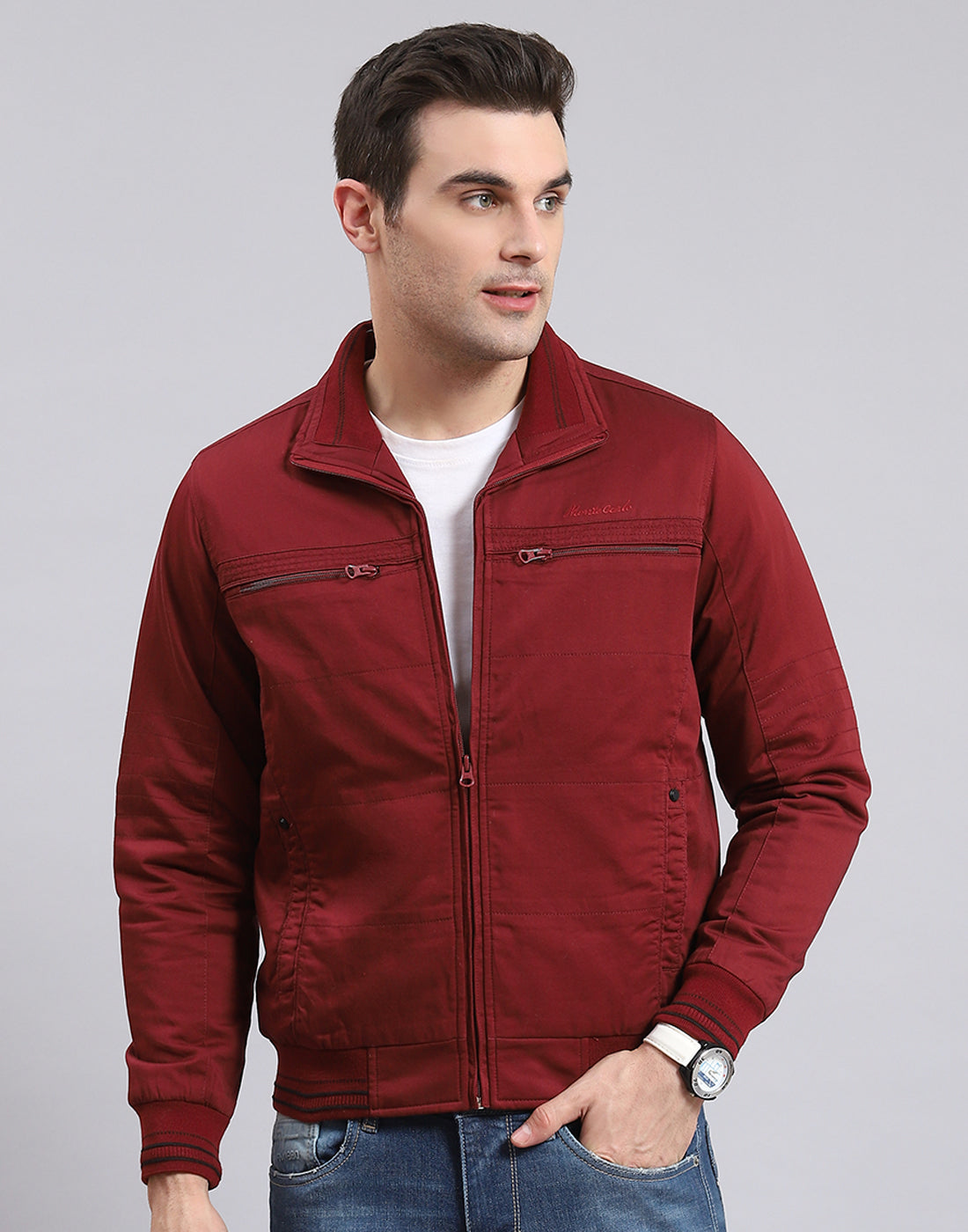 Men Red Solid Collar Full Sleeve Jacket