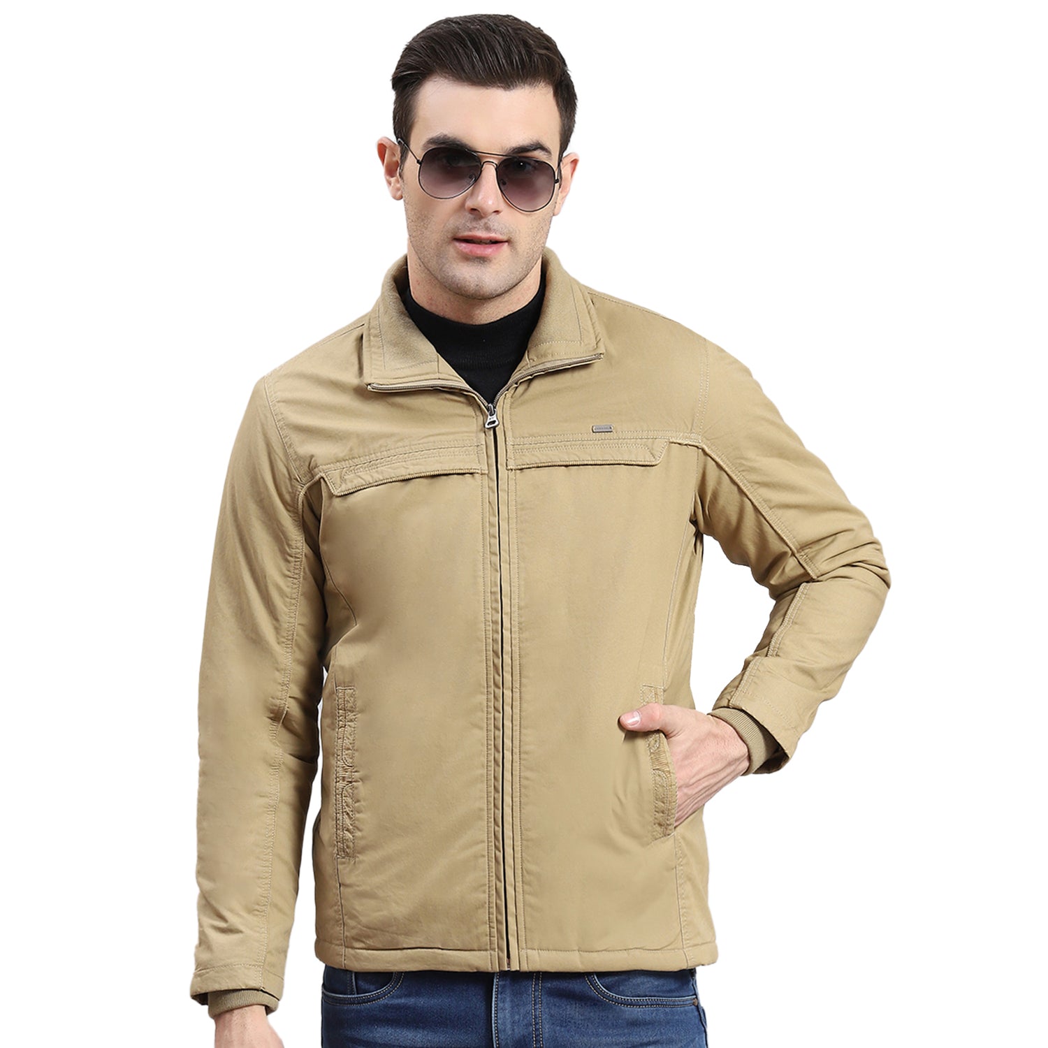 Men Khaki Solid Collar Full Sleeve Jacket