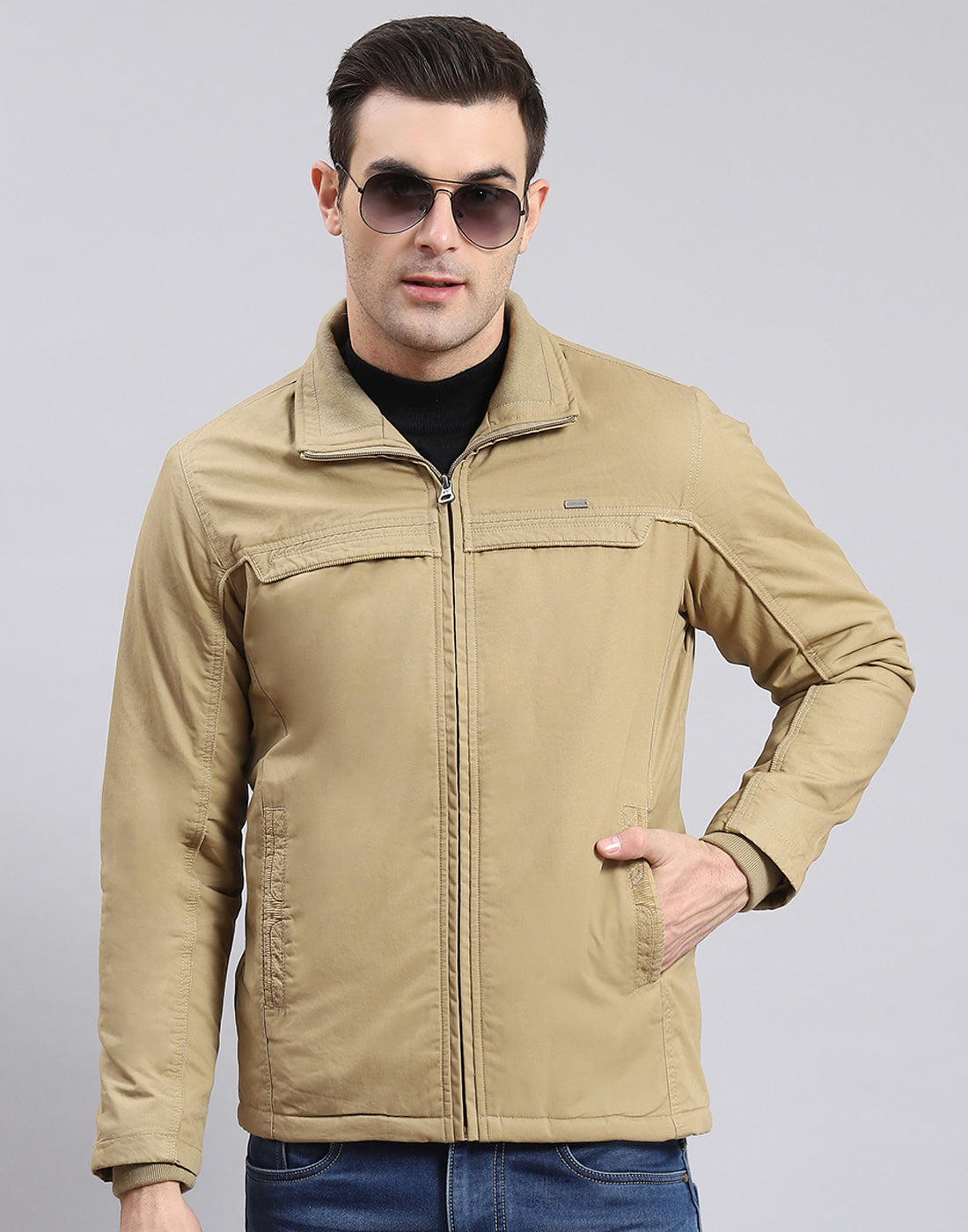 Men Khaki Solid Collar Full Sleeve Jacket