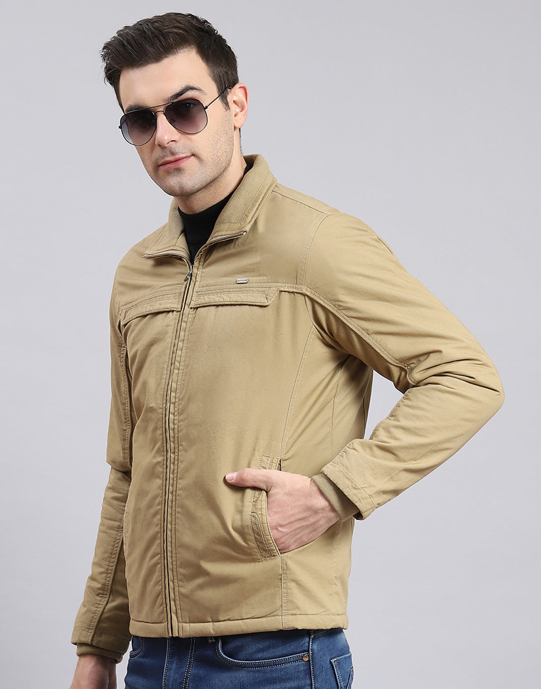 Men Khaki Solid Collar Full Sleeve Jacket