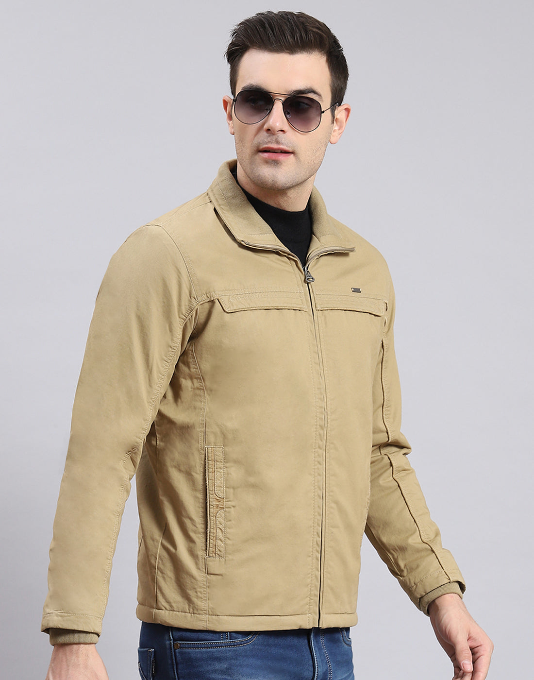 Men Khaki Solid Collar Full Sleeve Jacket