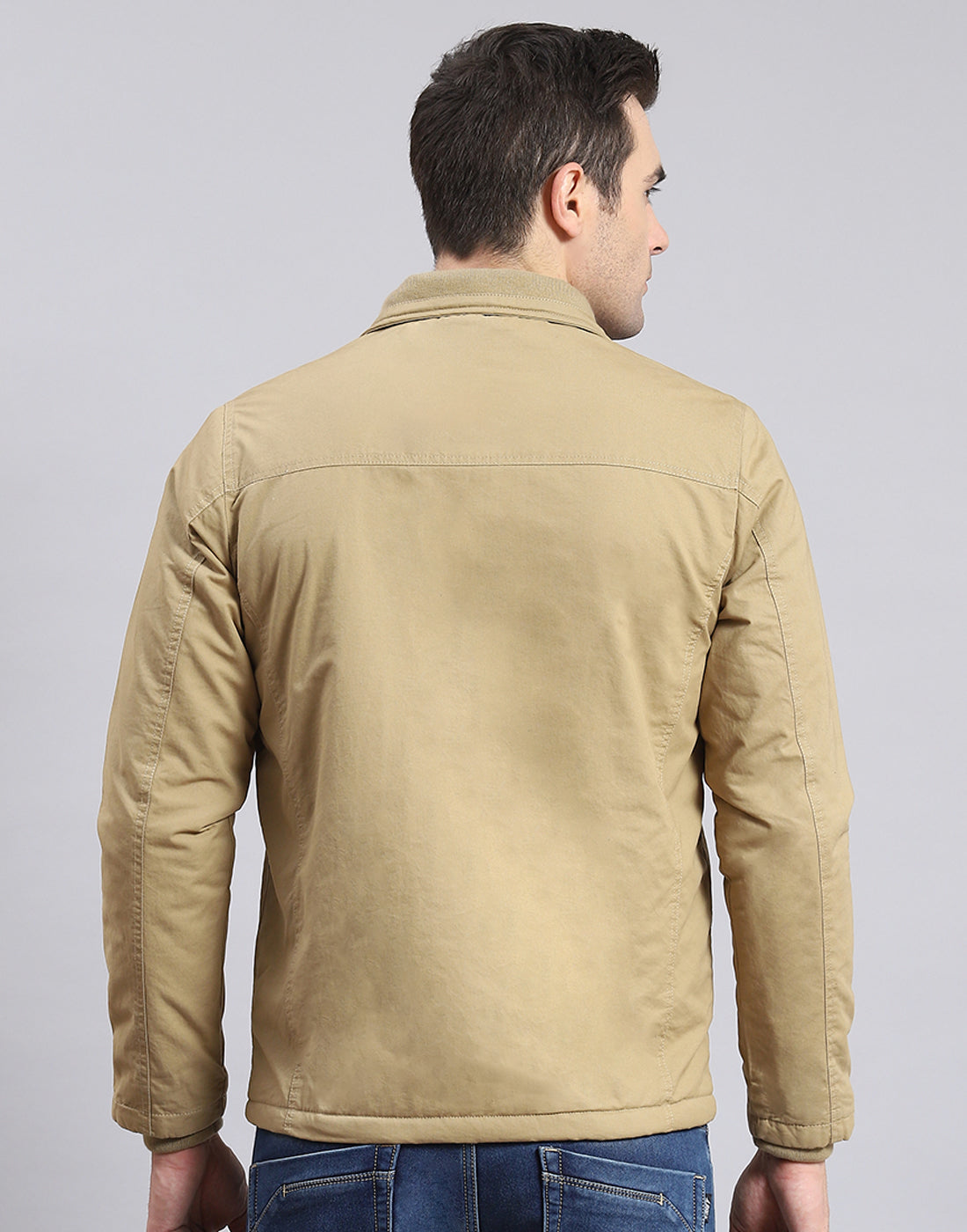 Men Khaki Solid Collar Full Sleeve Jacket