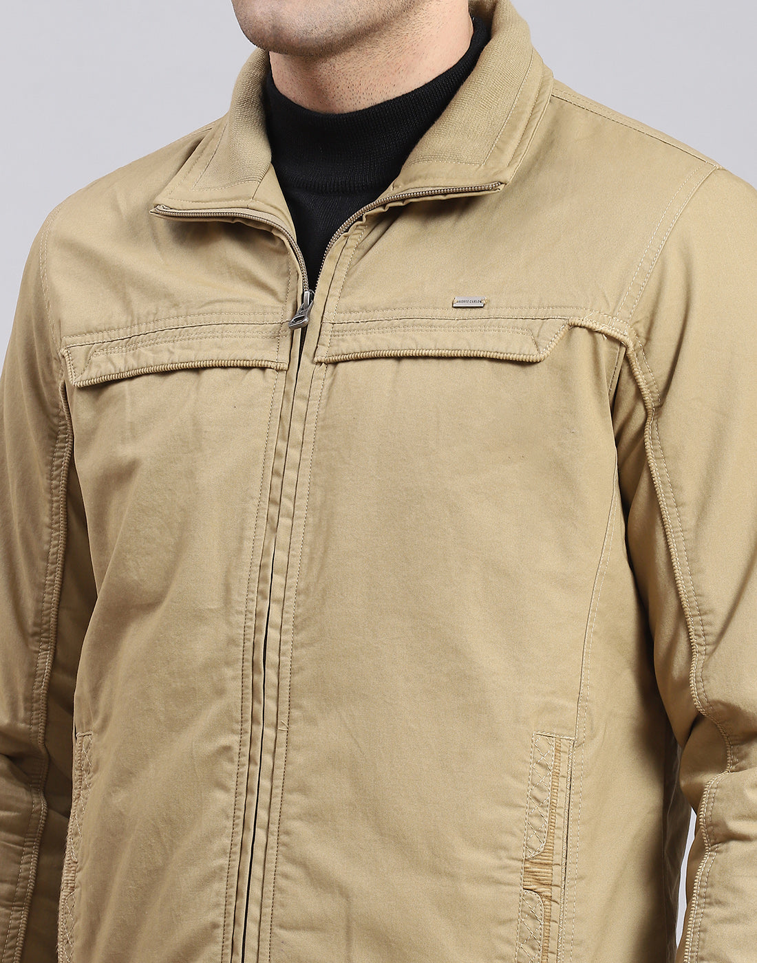 Men Khaki Solid Collar Full Sleeve Jacket