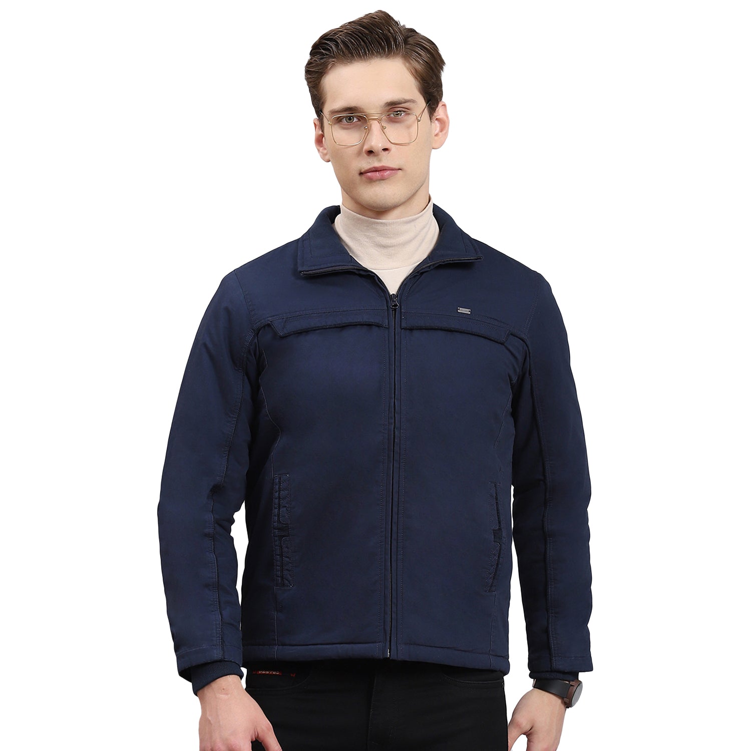 Men Navy Blue Solid Collar Full Sleeve Jacket