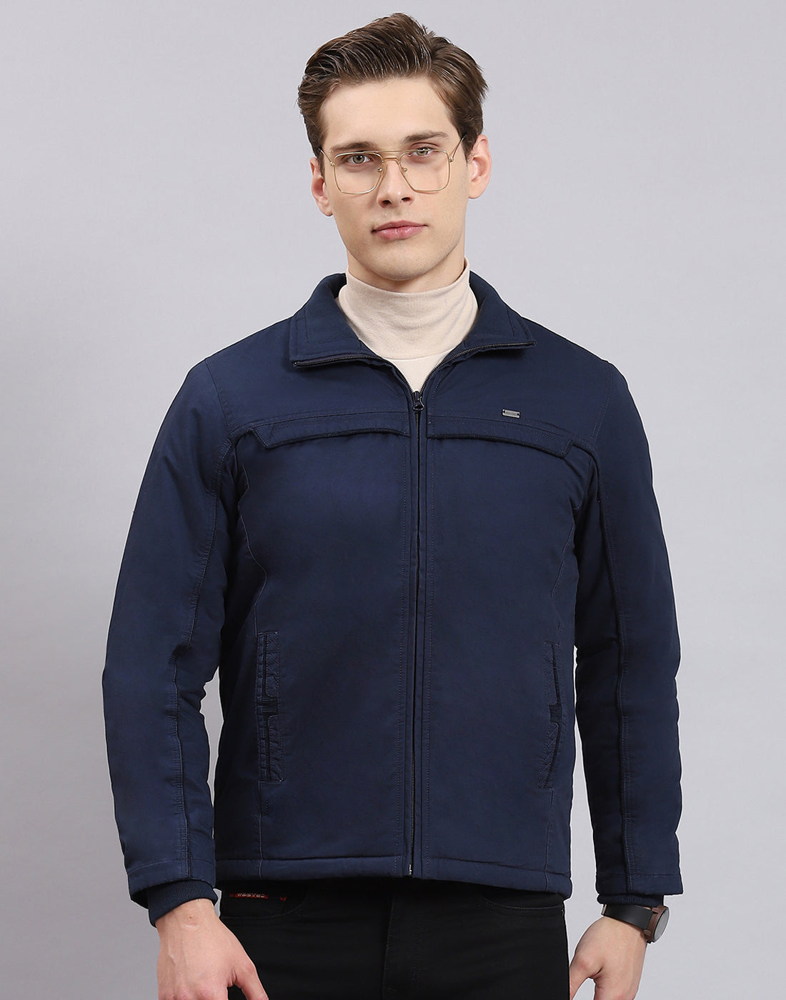 Men Navy Blue Solid Collar Full Sleeve Jacket