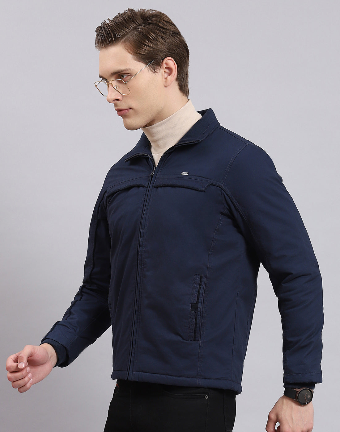 Men Navy Blue Solid Collar Full Sleeve Jacket