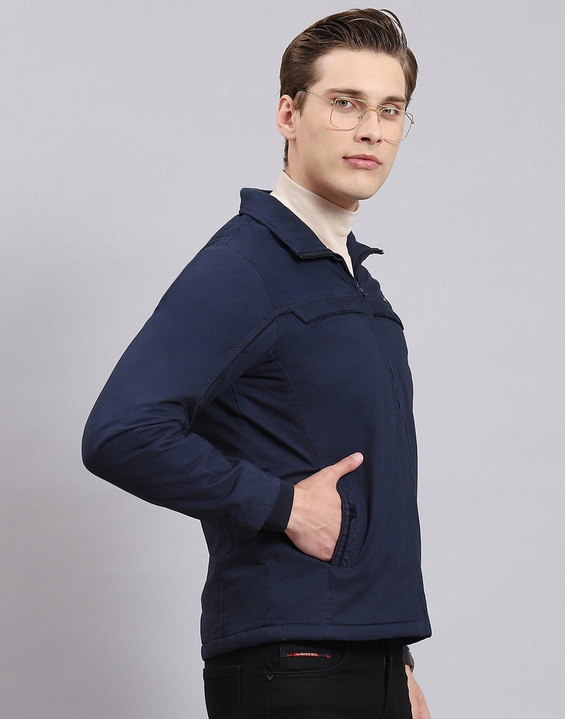 Men Navy Blue Solid Collar Full Sleeve Jacket