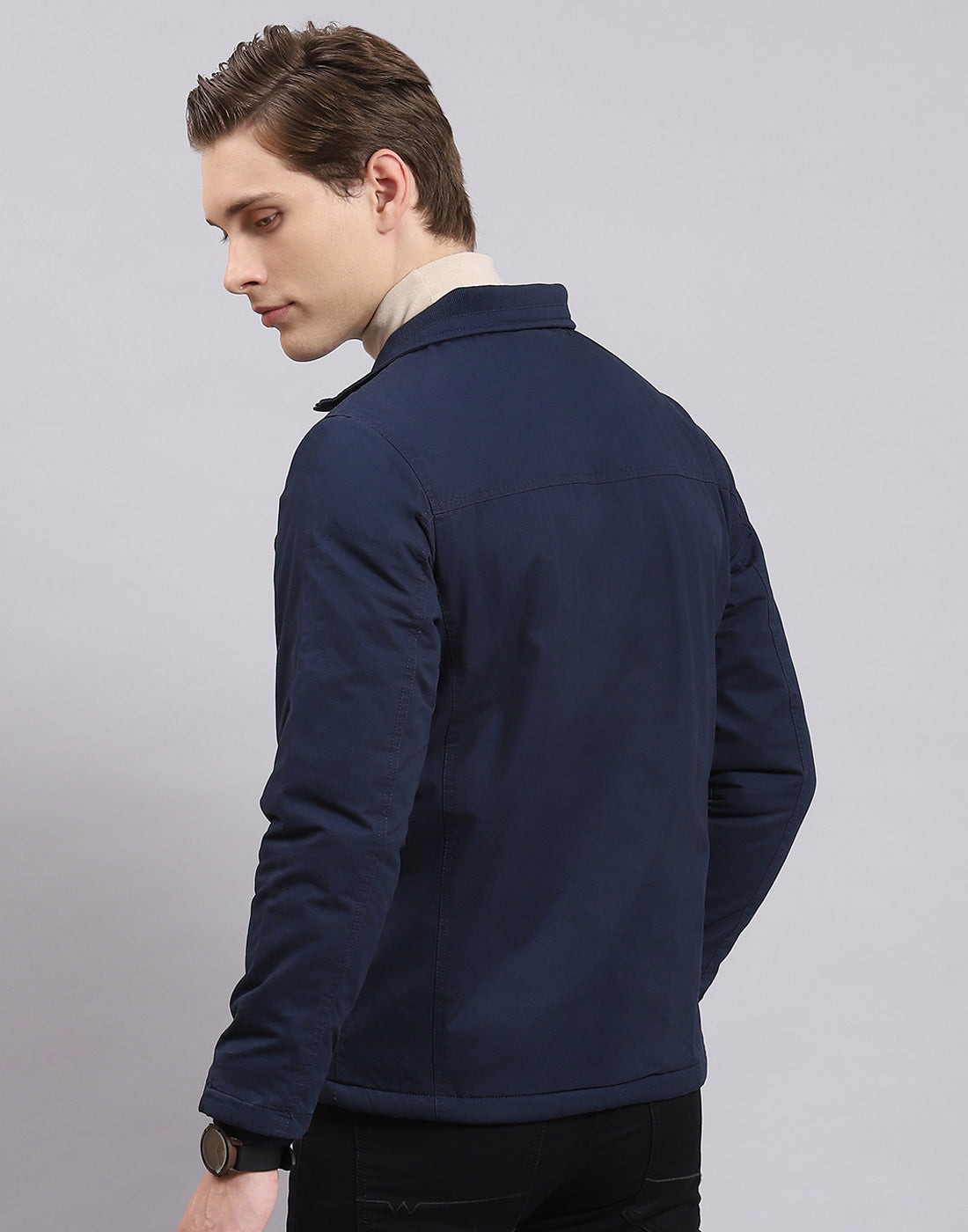 Men Navy Blue Solid Collar Full Sleeve Jacket