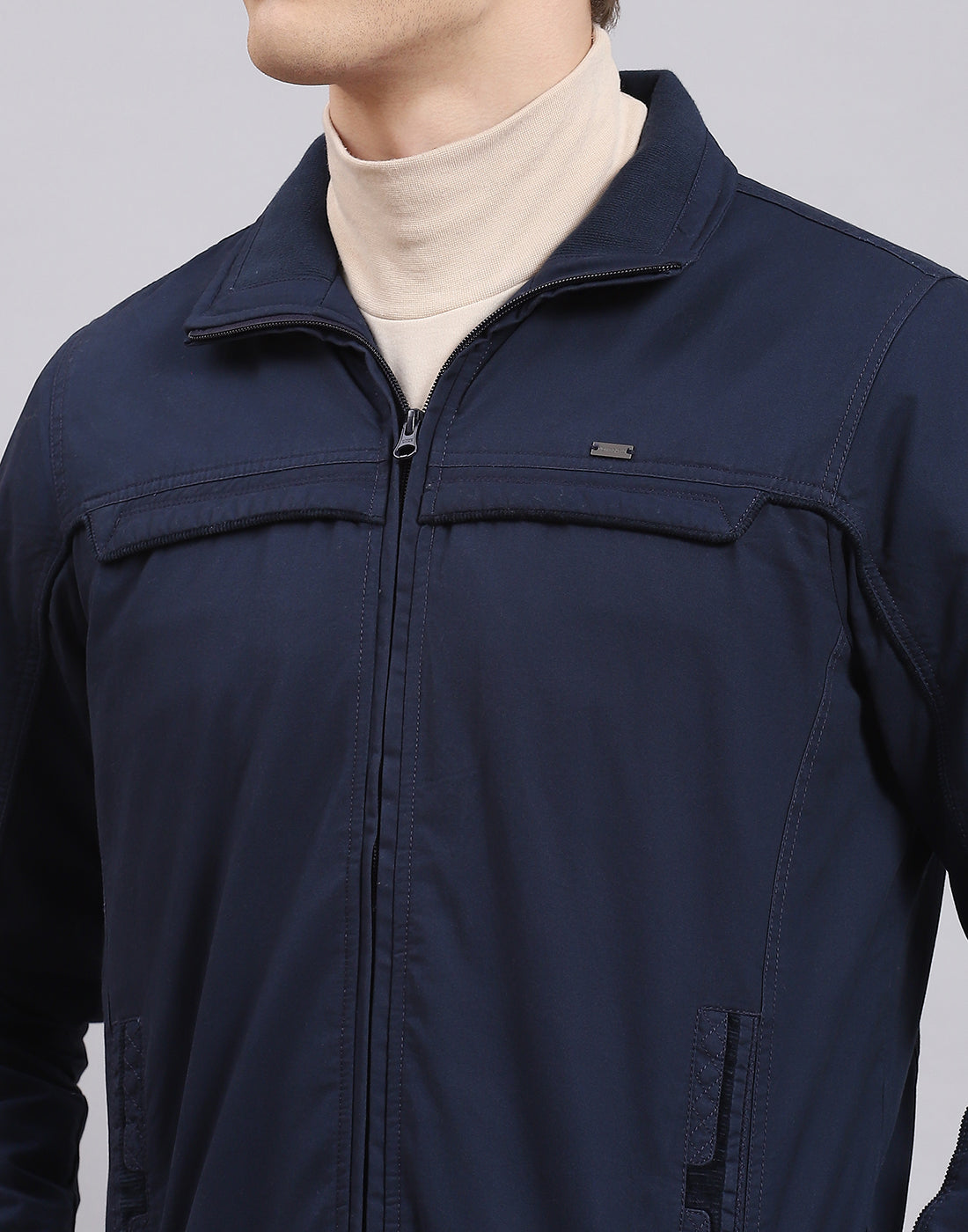 Men Navy Blue Solid Collar Full Sleeve Jacket