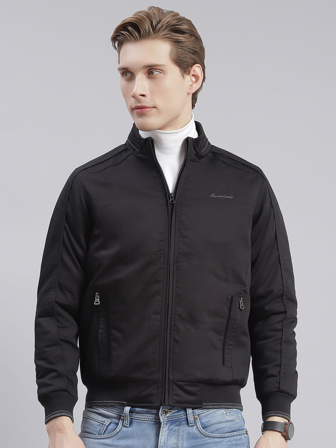 Men Black Solid Stand Collar Full Sleeve Jackets