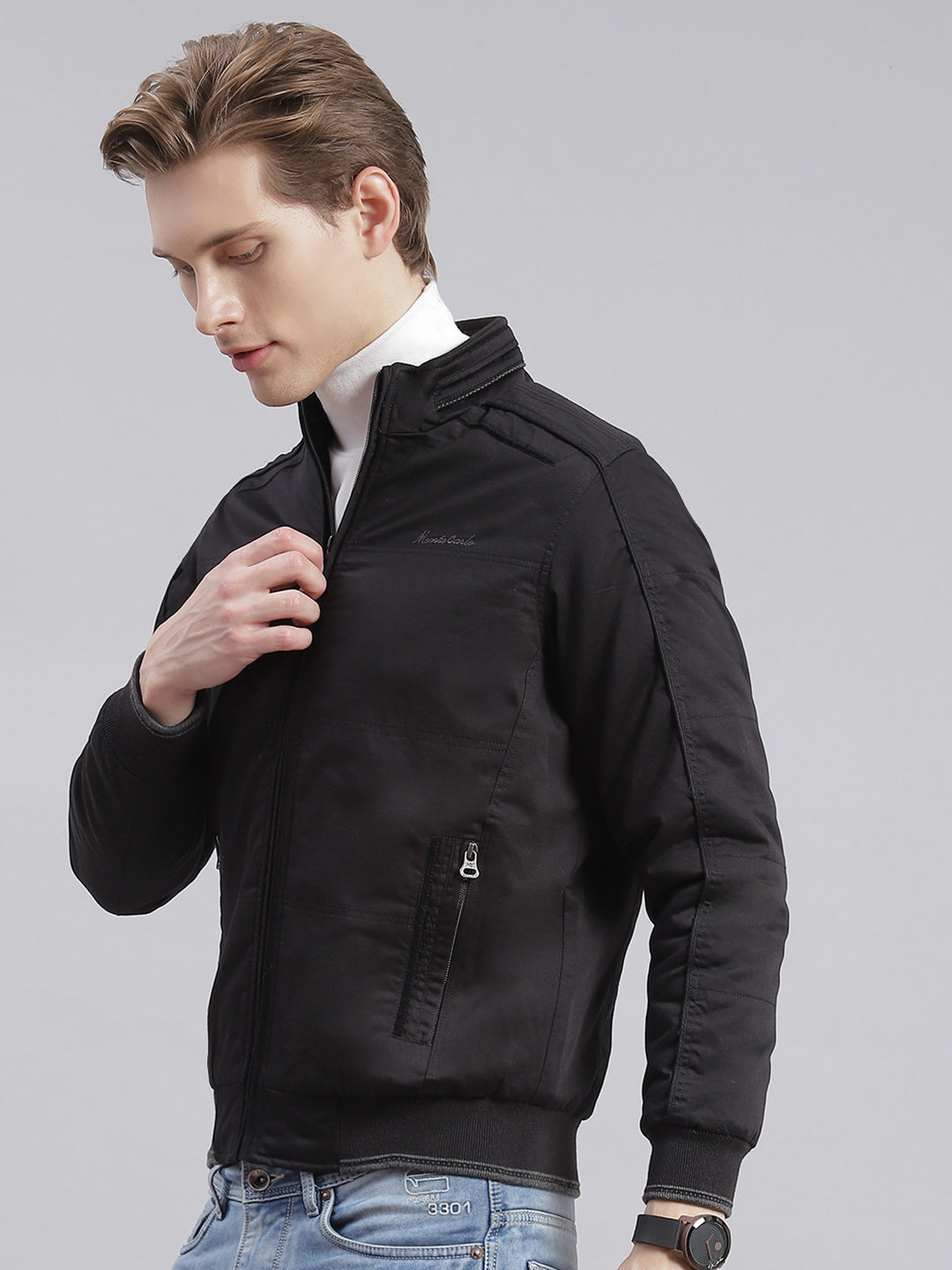 Men Black Solid Stand Collar Full Sleeve Jackets