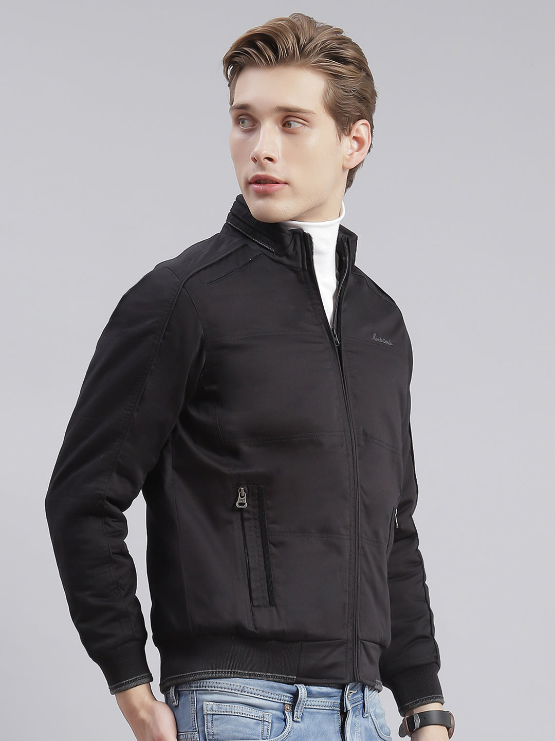 Men Black Solid Stand Collar Full Sleeve Jackets