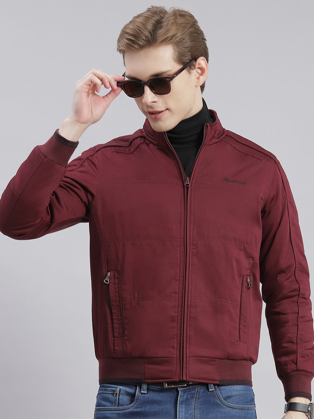 Men Maroon Solid Stand Collar Full Sleeve Jackets