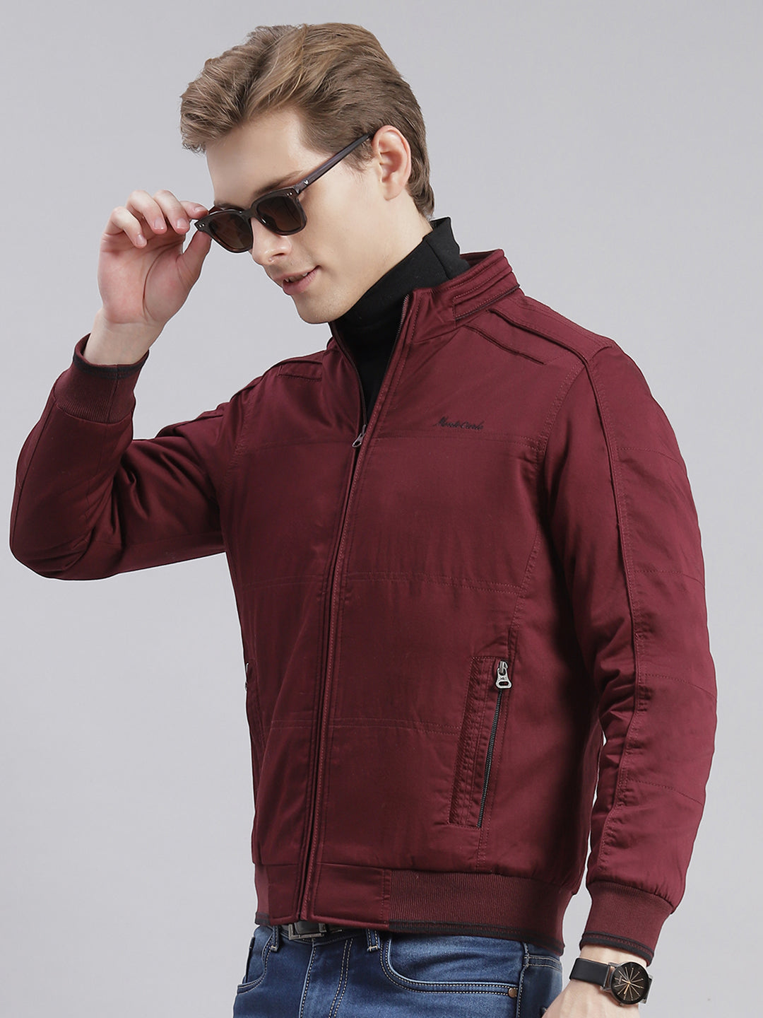 Men Maroon Solid Stand Collar Full Sleeve Jackets