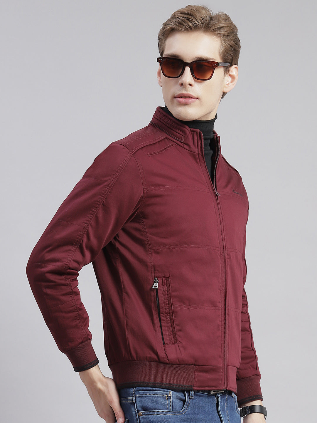 Men Maroon Solid Stand Collar Full Sleeve Jackets