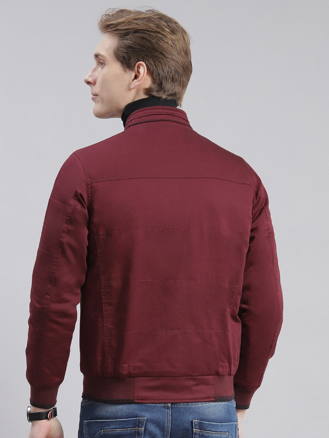 Men Maroon Solid Stand Collar Full Sleeve Jackets