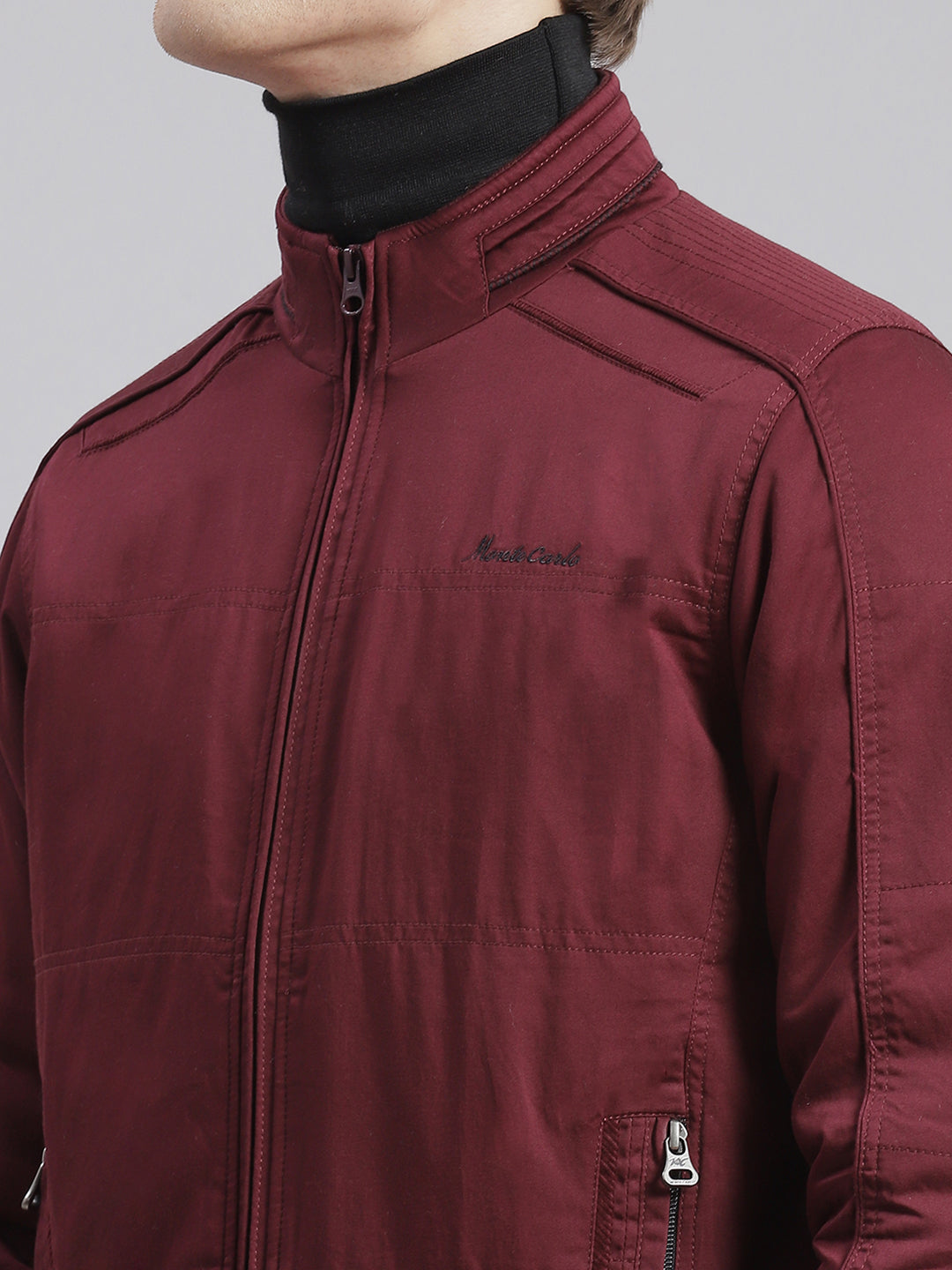 Men Maroon Solid Stand Collar Full Sleeve Jackets