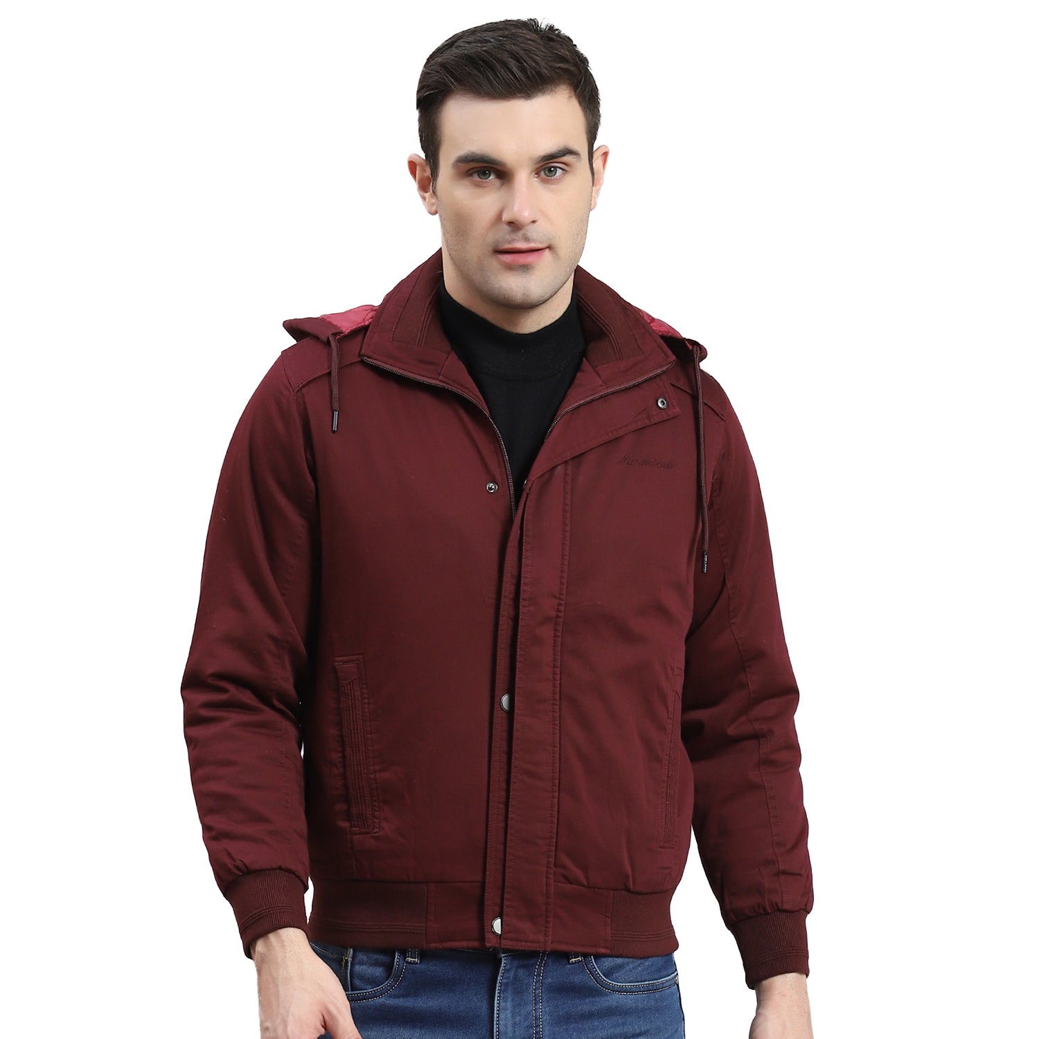 Men Maroon Solid Hooded Full Sleeve Jacket