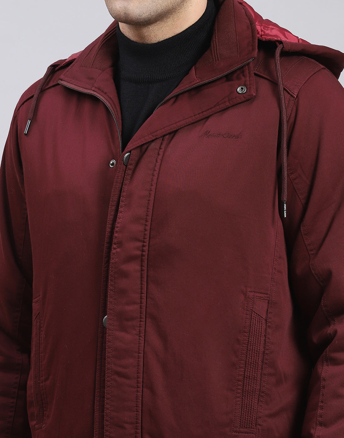 Men Maroon Solid Hooded Full Sleeve Jacket