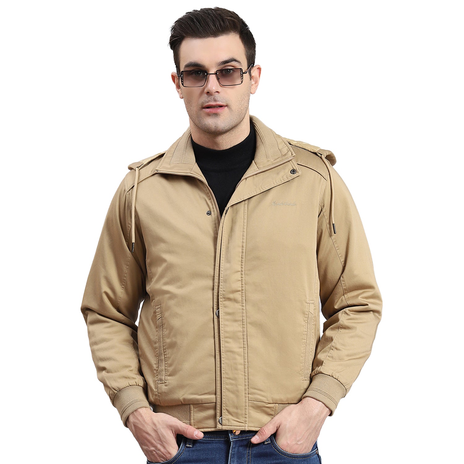 Men Brown Solid Hooded Full Sleeve Jacket