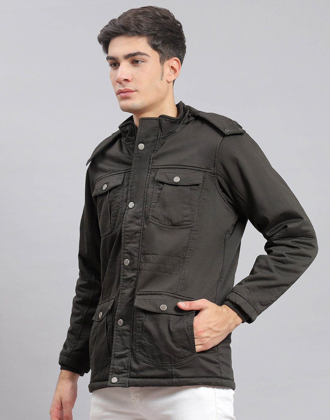 Men Olive Solid Hooded Full Sleeve Jacket