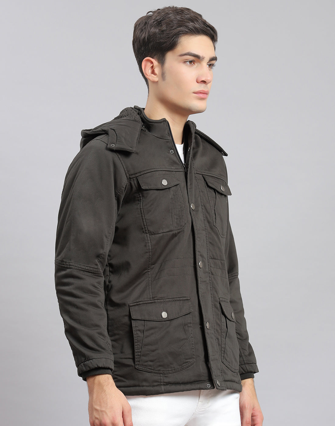 Men Olive Solid Hooded Full Sleeve Jacket