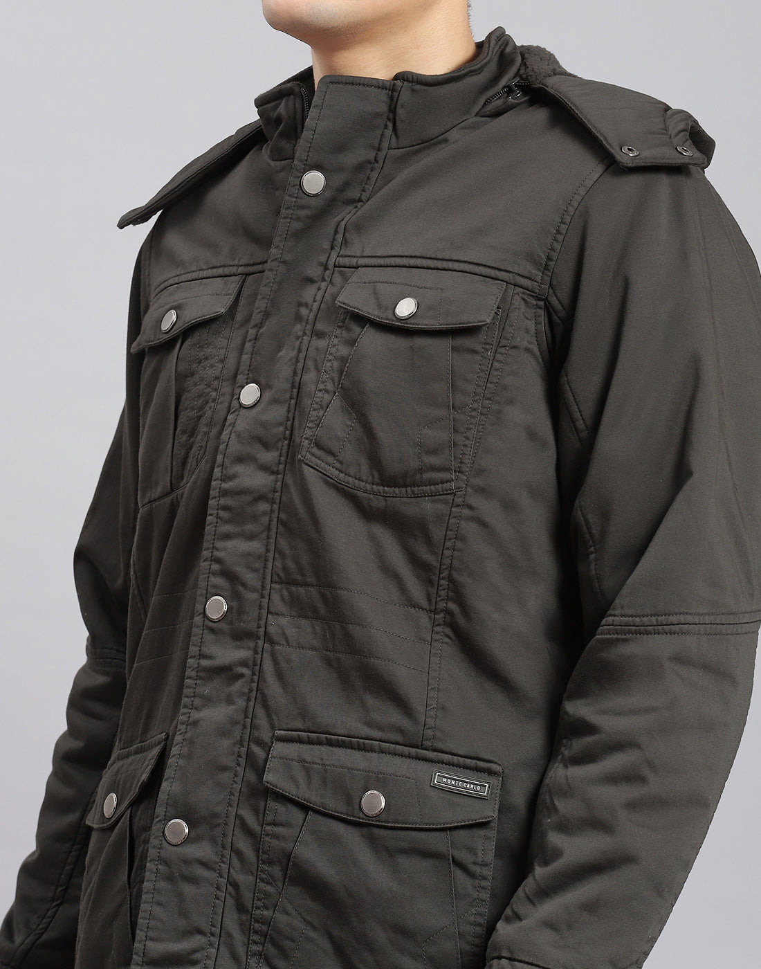 Men Olive Solid Hooded Full Sleeve Jacket