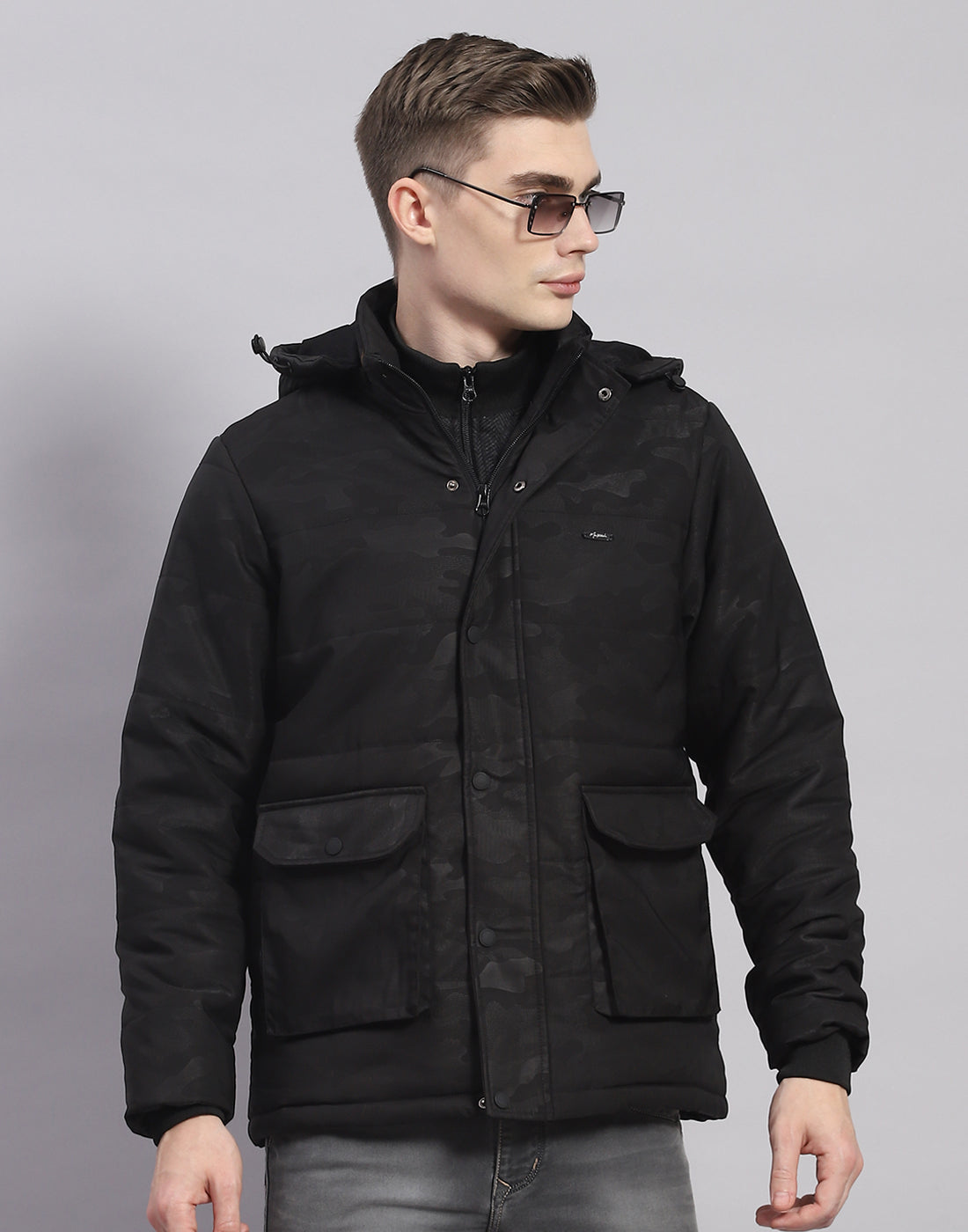 Men Black Printed Hooded Full Sleeve Jacket