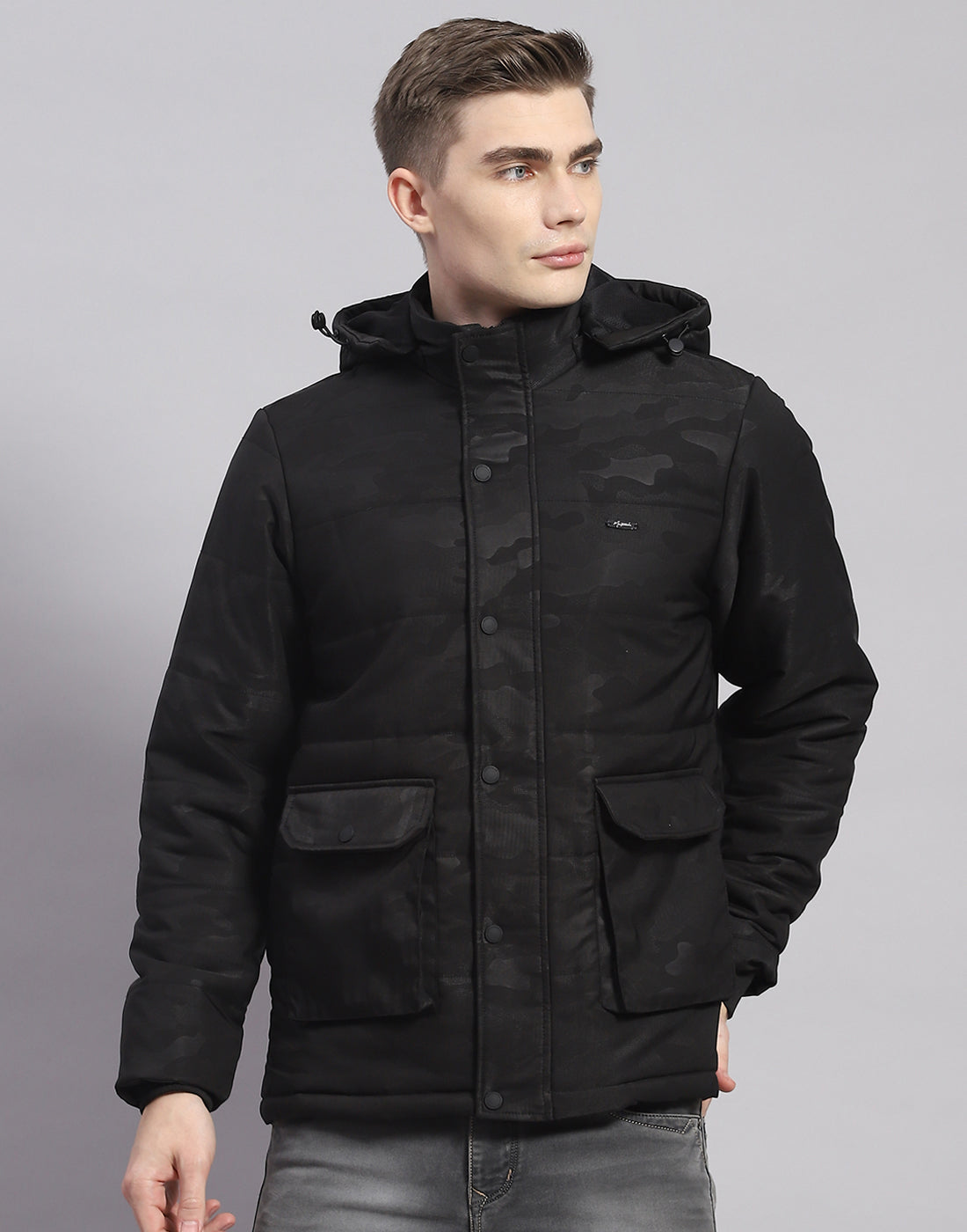 Men Black Printed Hooded Full Sleeve Jacket