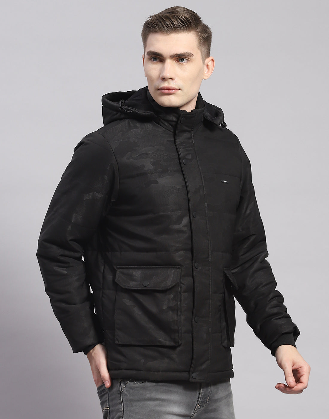 Men Black Printed Hooded Full Sleeve Jacket