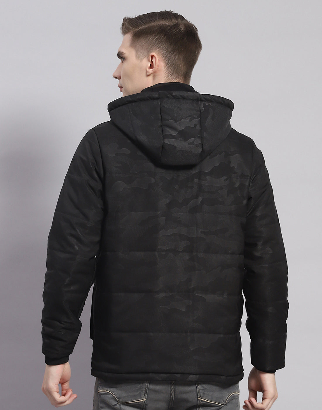 Men Black Printed Hooded Full Sleeve Jacket