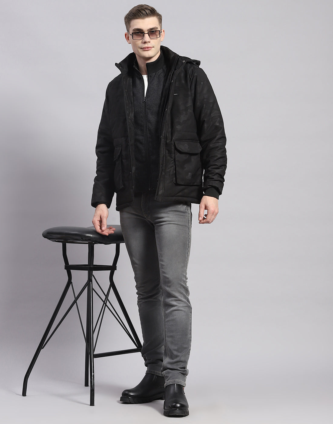 Men Black Printed Hooded Full Sleeve Jacket