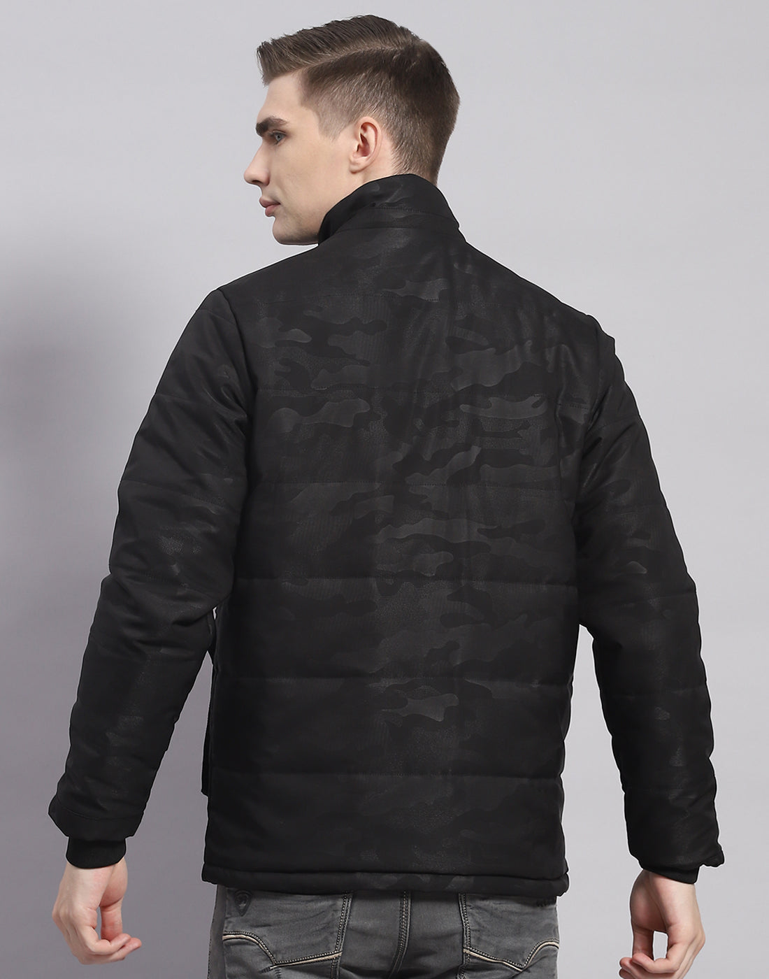 Men Black Printed Hooded Full Sleeve Jacket