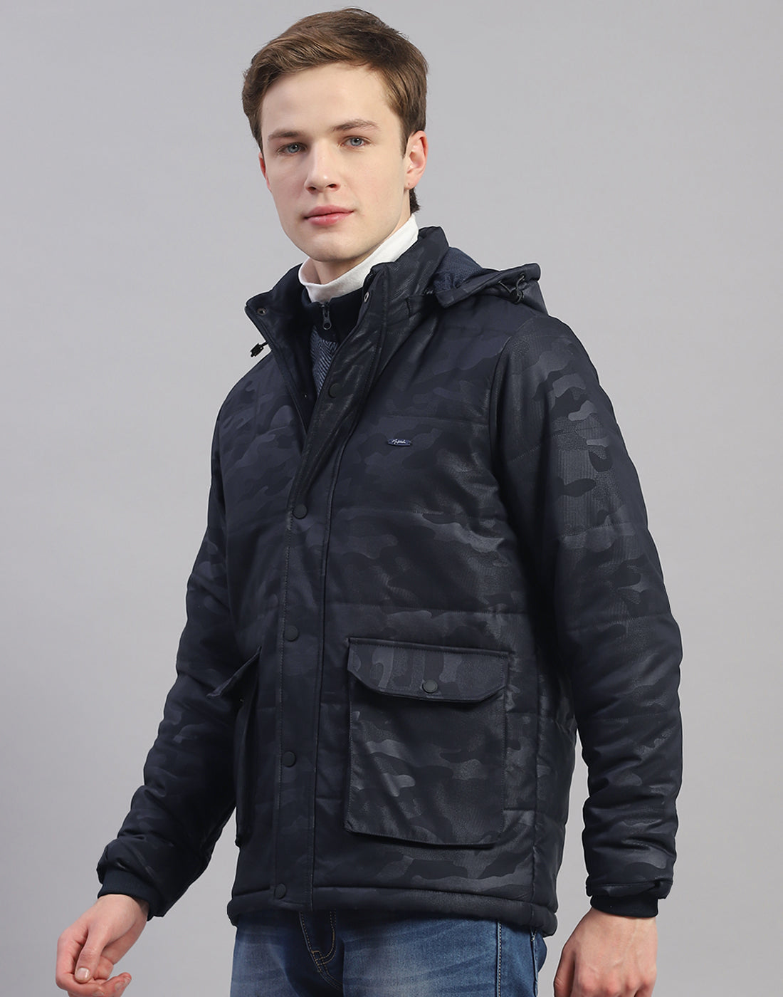 Men Navy Blue Printed Hooded Full Sleeve Jacket