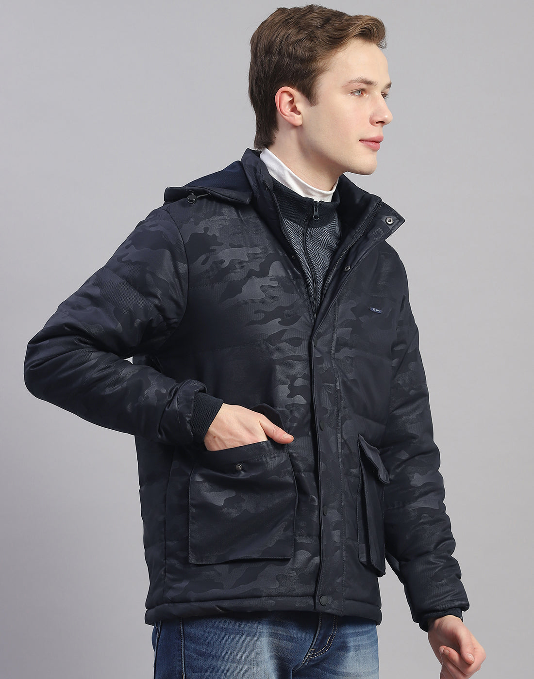 Men Navy Blue Printed Hooded Full Sleeve Jacket