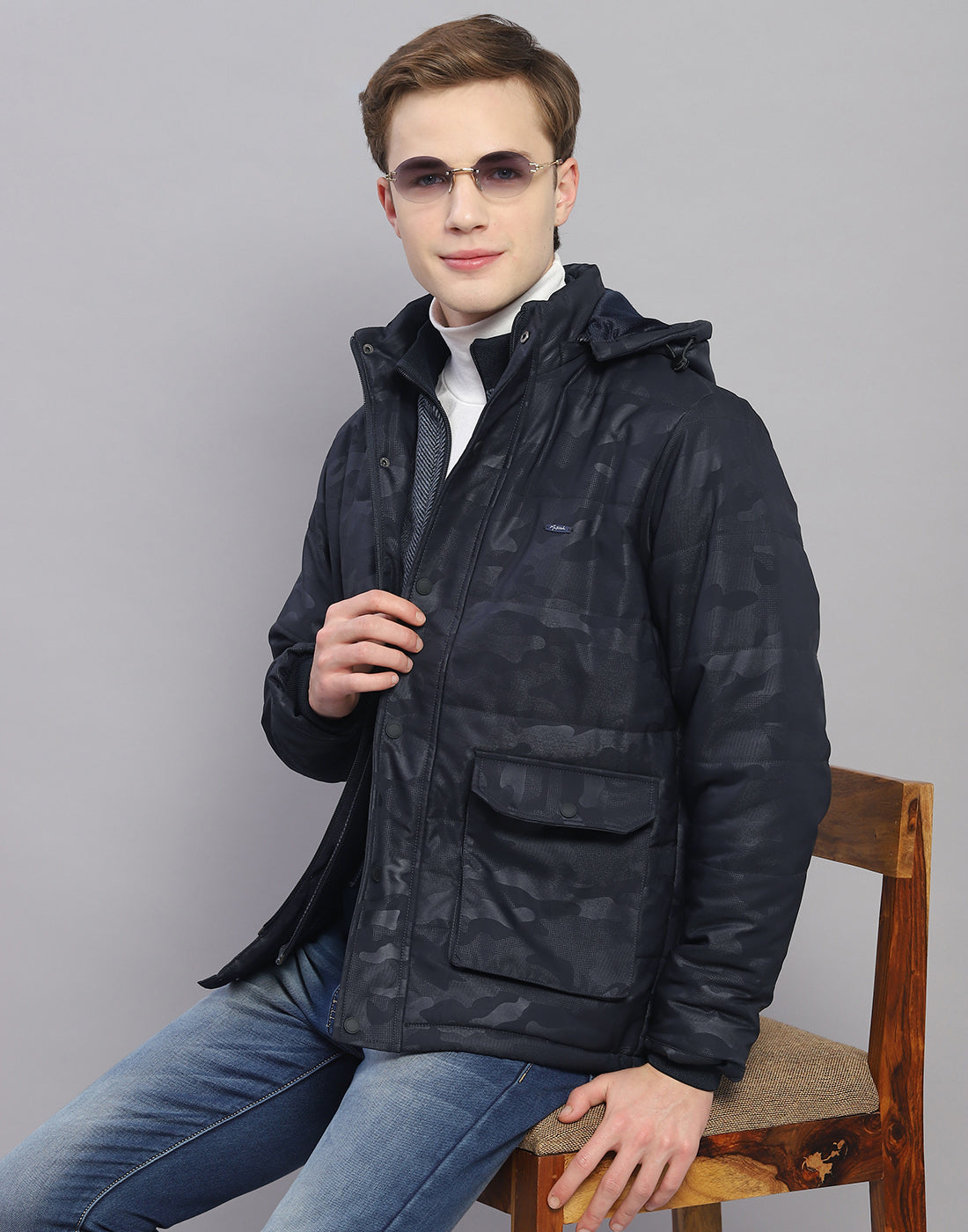 Men Navy Blue Printed Hooded Full Sleeve Jacket