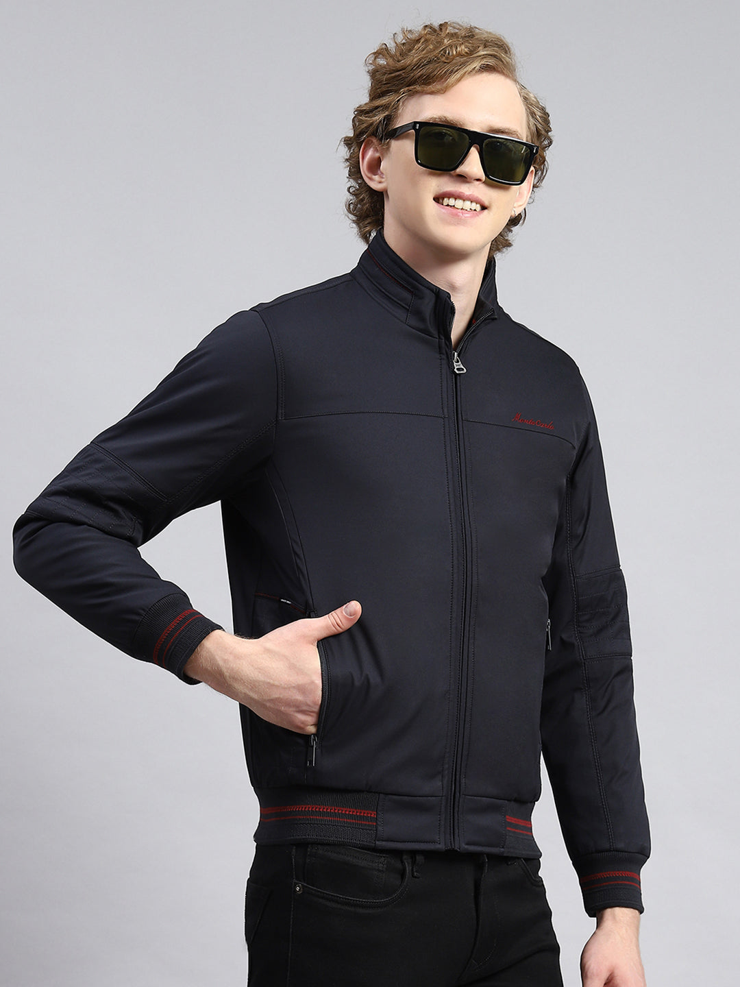 Men Navy Blue Plain Jacket