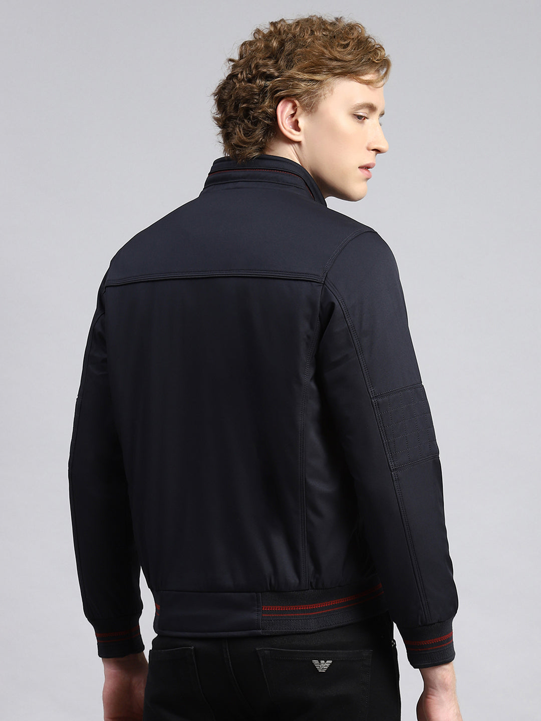 Men Navy Blue Plain Jacket