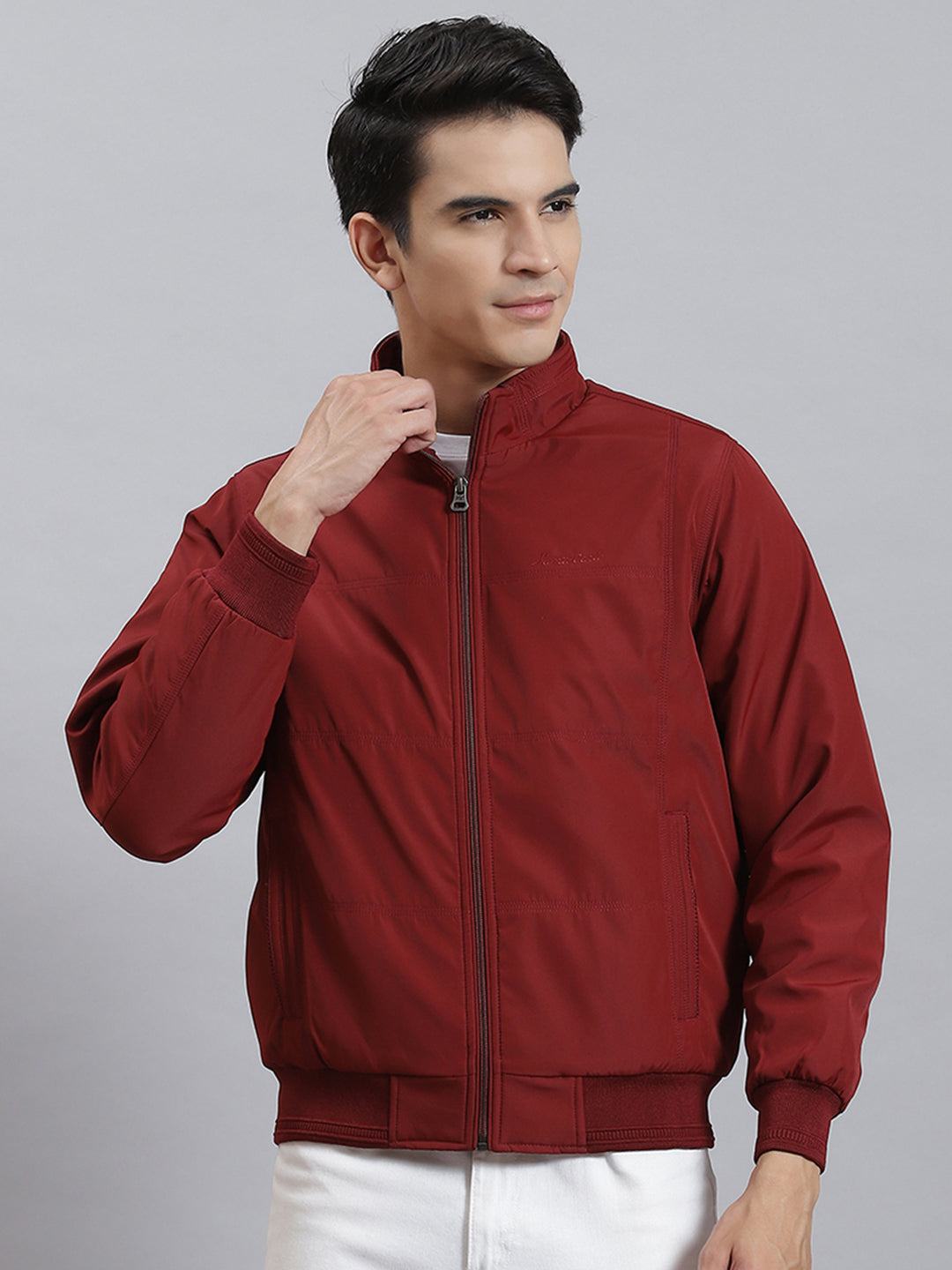 Men Maroon Solid Stand Collar Full Sleeve Jackets