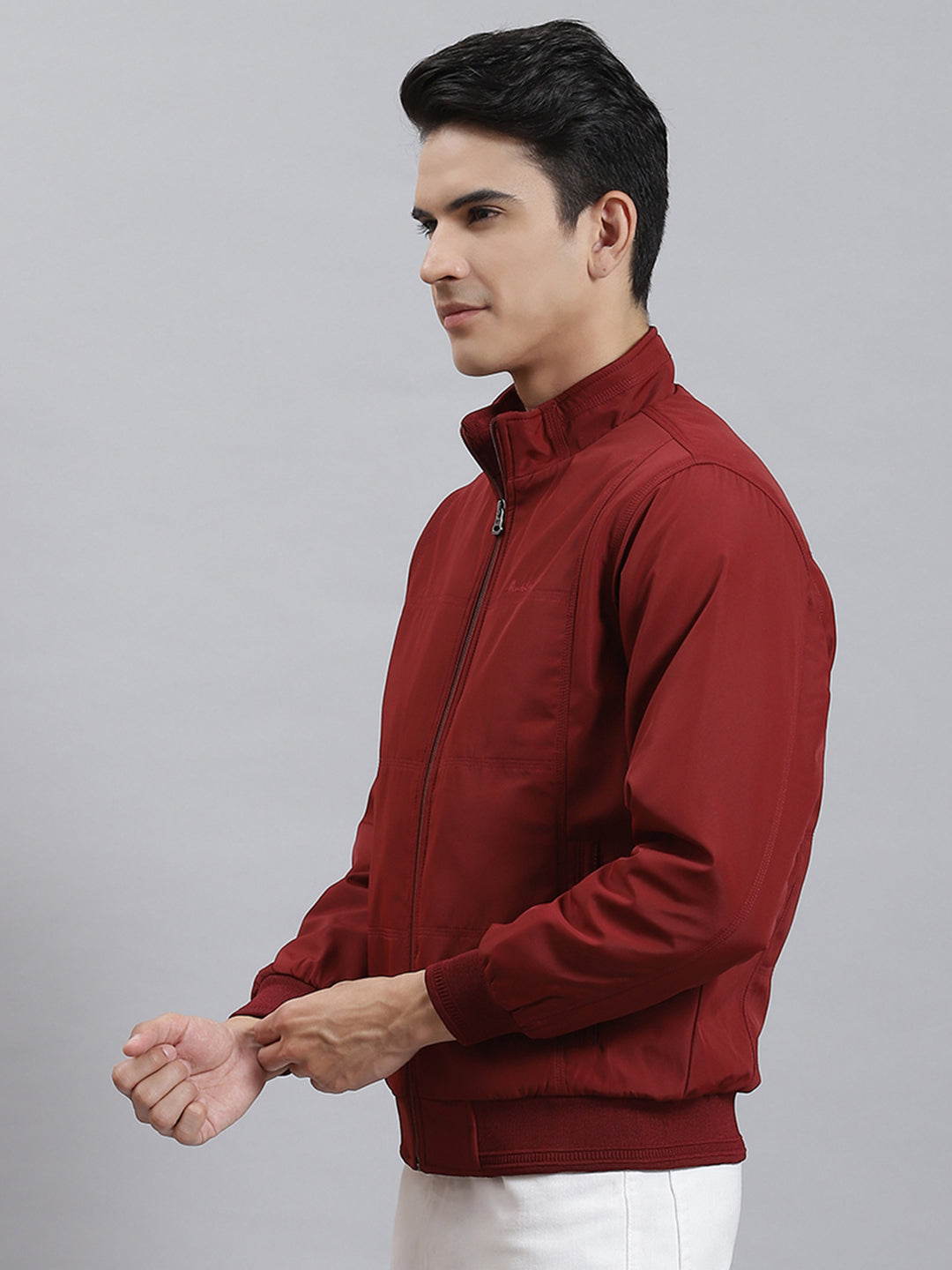 Men Maroon Solid Stand Collar Full Sleeve Jackets