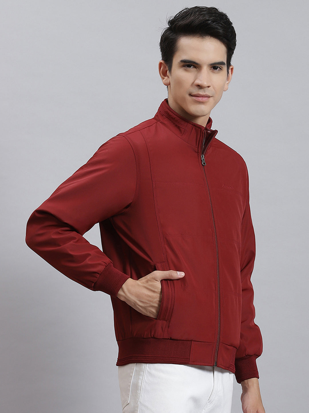 Men Maroon Solid Stand Collar Full Sleeve Jackets