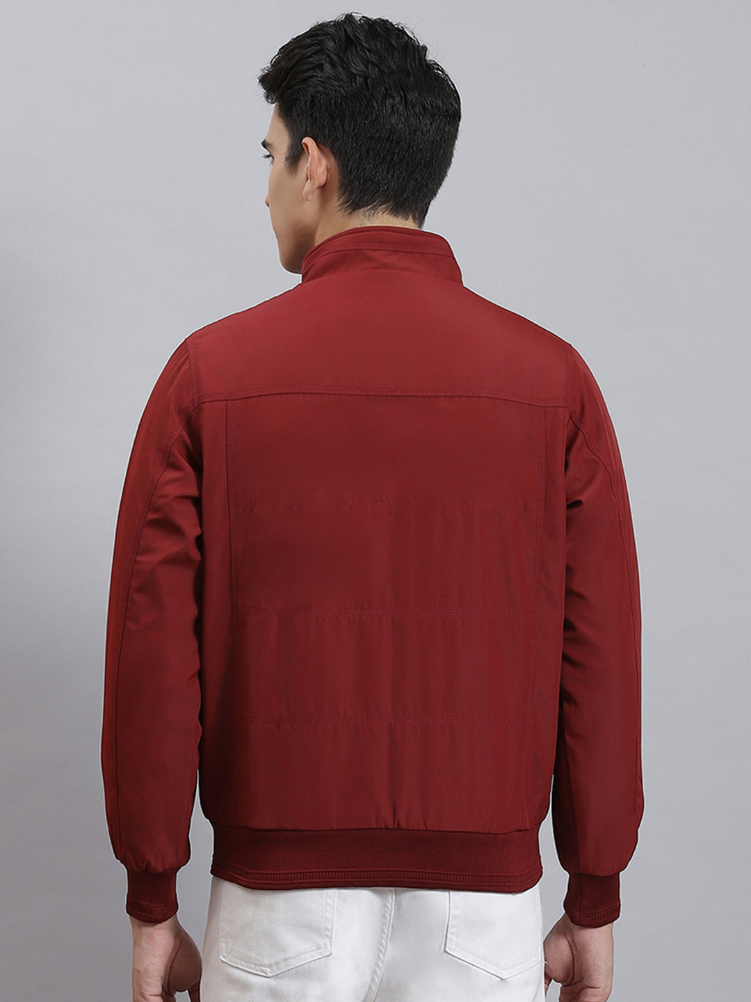 Men Maroon Solid Stand Collar Full Sleeve Jackets