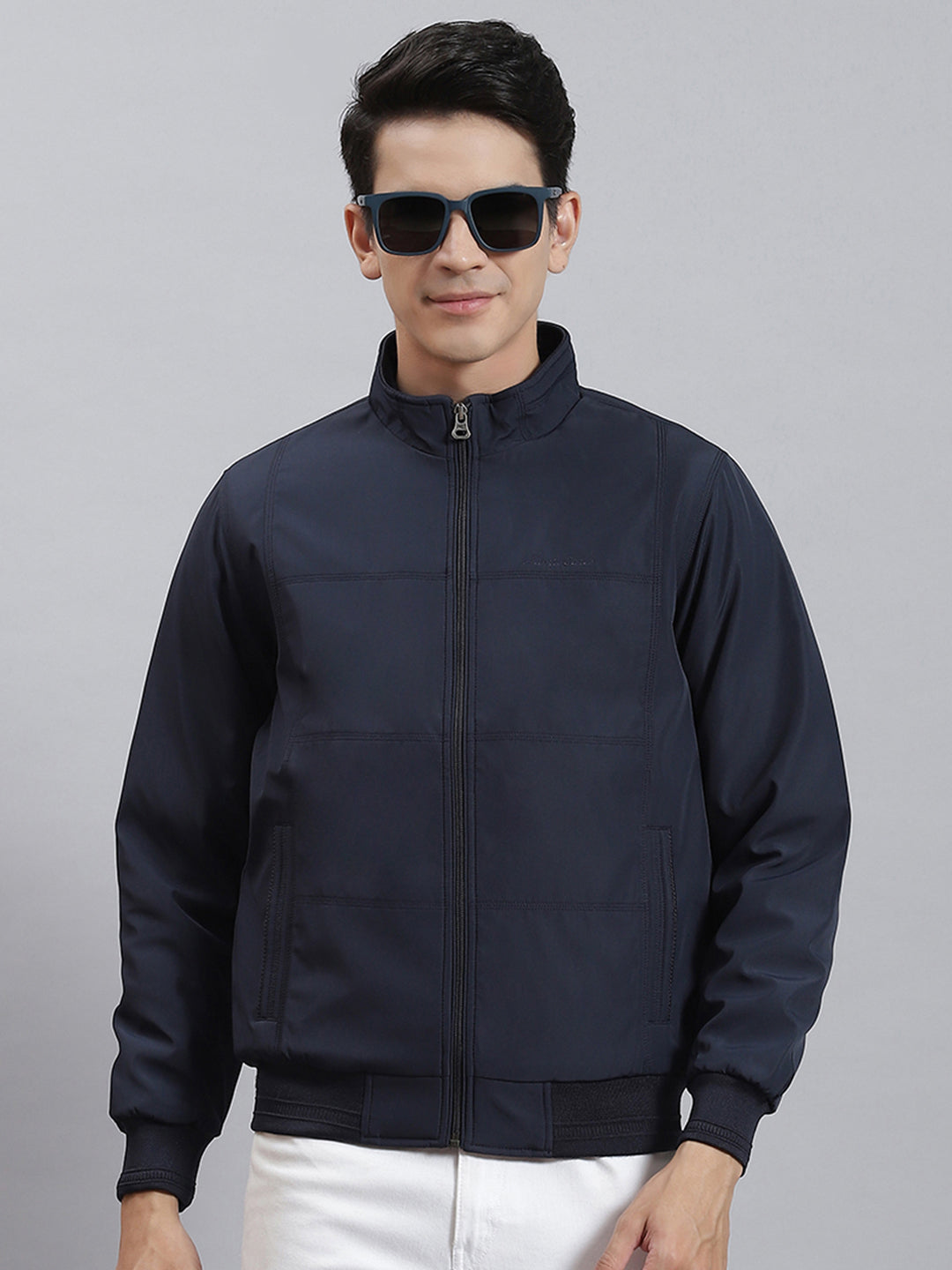 Men Navy Blue Solid Stand Collar Full Sleeve Jackets