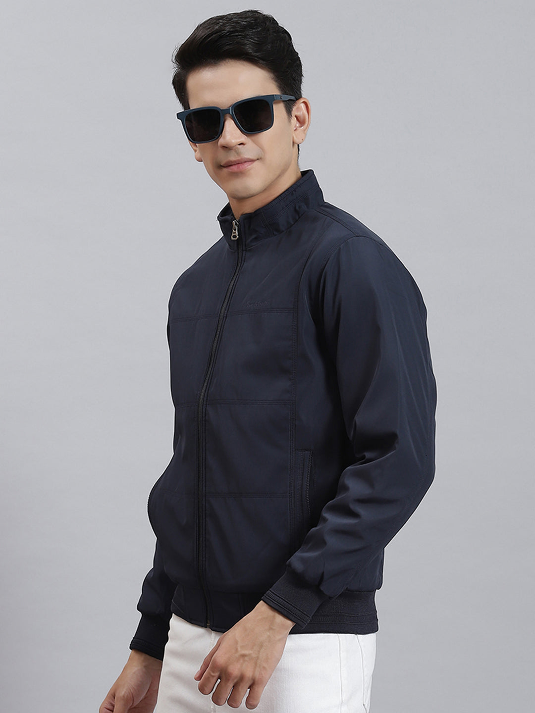 Men Navy Blue Solid Stand Collar Full Sleeve Jackets